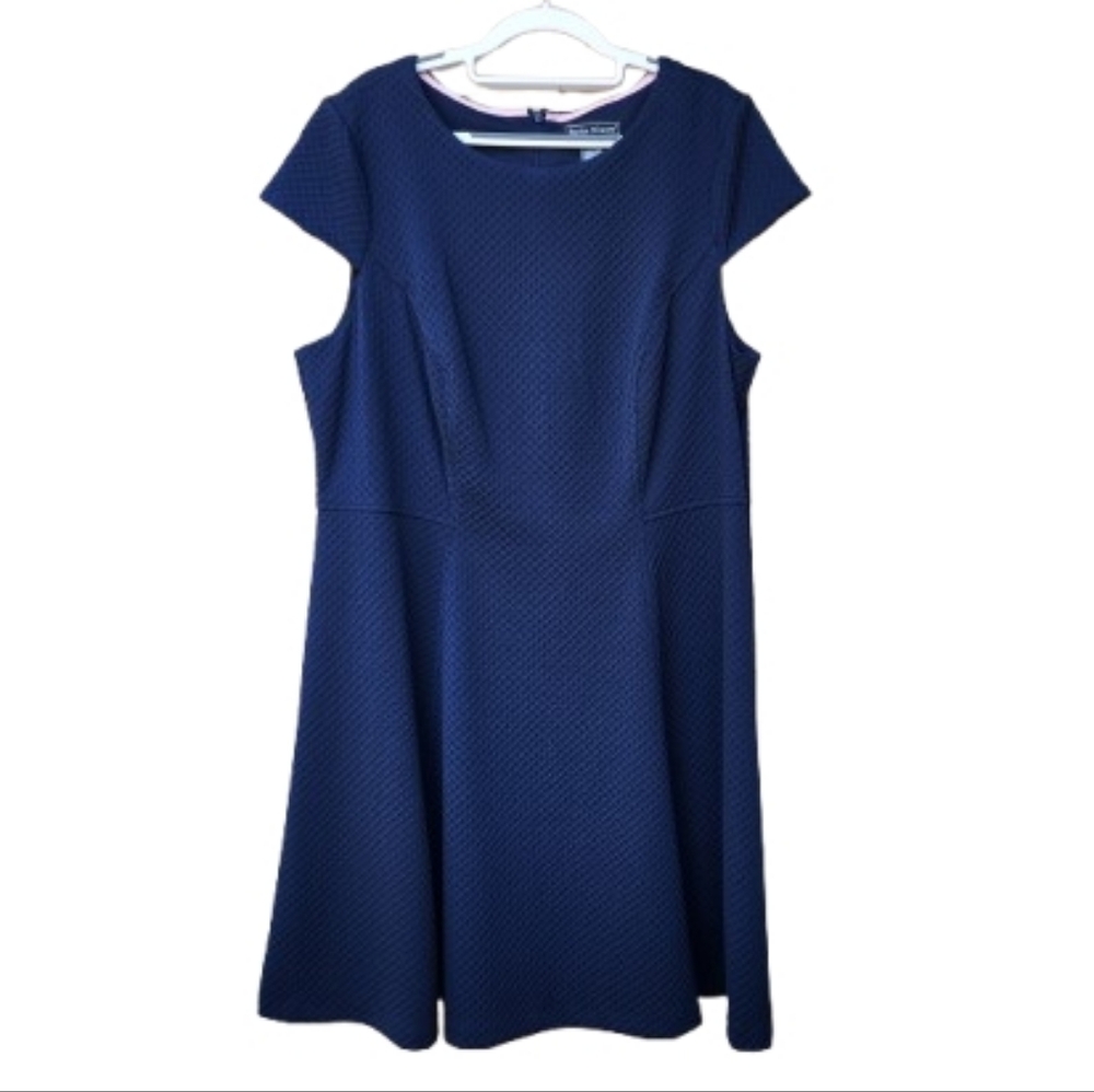 Jessica Howard Plus Dark Blue A-Line Dress Textured Cap Sleeves